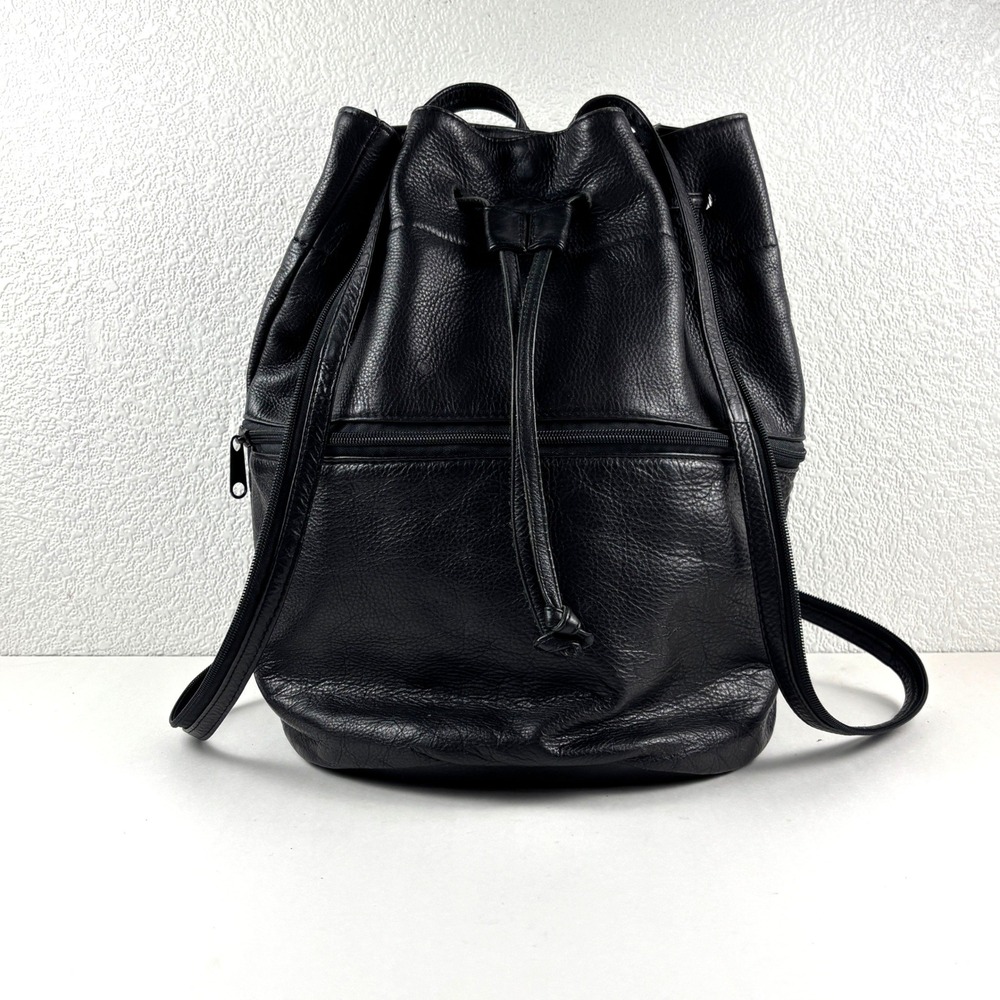 Pelle‎ Leather Bucket Backpack Women Black Drawstring Pebbled Bag Boho Festival